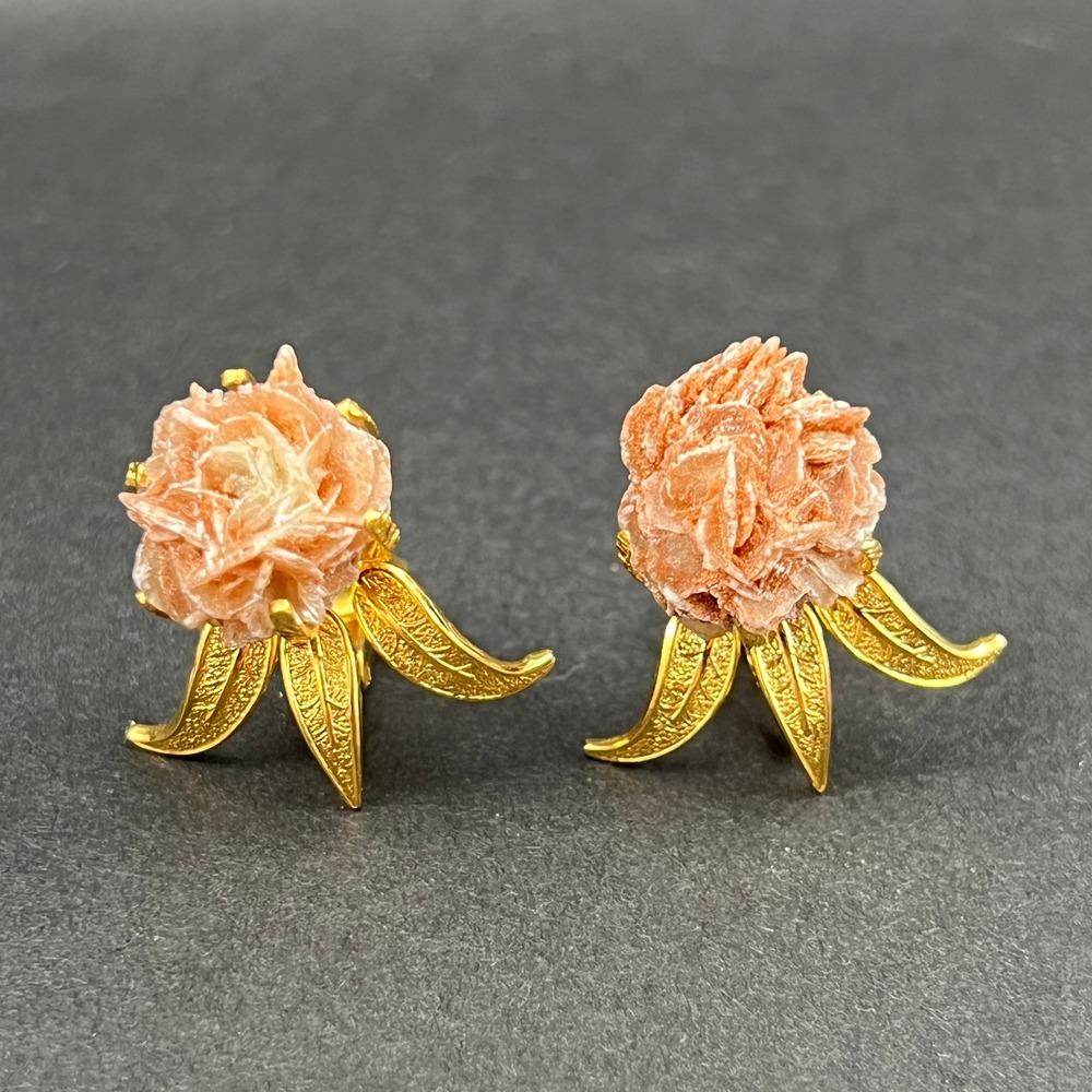 Vintage Clip On Earrings Pink Desert Rose Selenite Gold Tone Floral